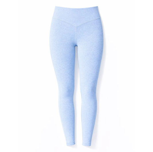 The Southern ENERGIA Legging by Southern Apparel is a light blue, high-waisted performance legging with a V-shaped waistband, shown flat on white. Fitted and full-length for comfort and support.