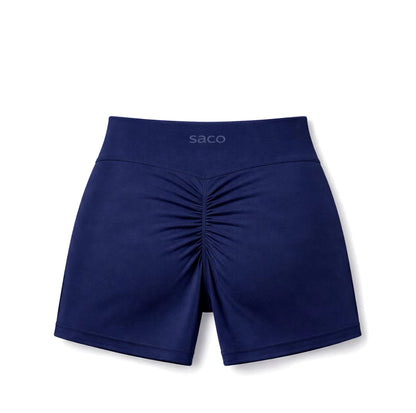 The Southern VELOCITY Scrunch Short by Southern Apparel, shown in navy blue from the back, features a center scrunch detail, wide branded waistband, and is made from premium stretch fabric for top comfort and flexibility.