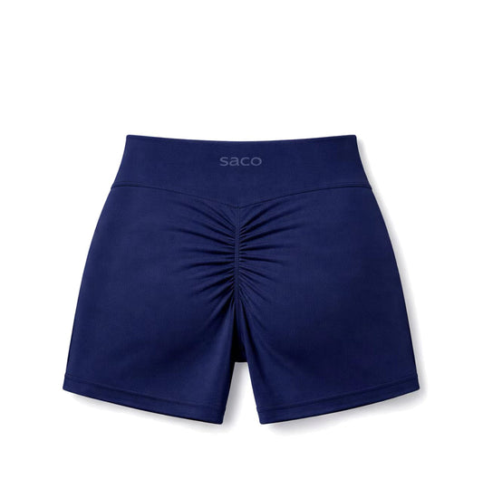 The Southern VELOCITY Scrunch Short by Southern Apparel, shown in navy blue from the back, features a center scrunch detail, wide branded waistband, and is made from premium stretch fabric for top comfort and flexibility.