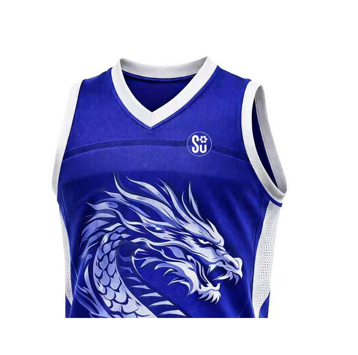 The Southern AIRFLOW PRO Jersey by Southern Apparel is a sleeveless blue sports top with white trim, a bold white dragon on the front, and a small circular SU logo on the upper left chest. Coming soon.