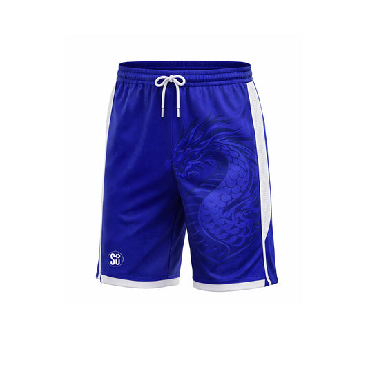 Coming Soon: Southern Apparel's Southern FASTBREAK Shorts—royal blue athletic shorts with a drawstring waistband, white side panels, a subtle dragon graphic on the left leg, and a small white SU logo near the hem.