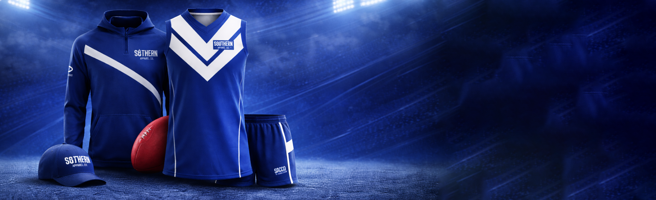 A blue sports uniform set with white accents, including a hoodie, singlet, shorts, cap, and a red football, displayed under stadium lights with a blue, textured background.