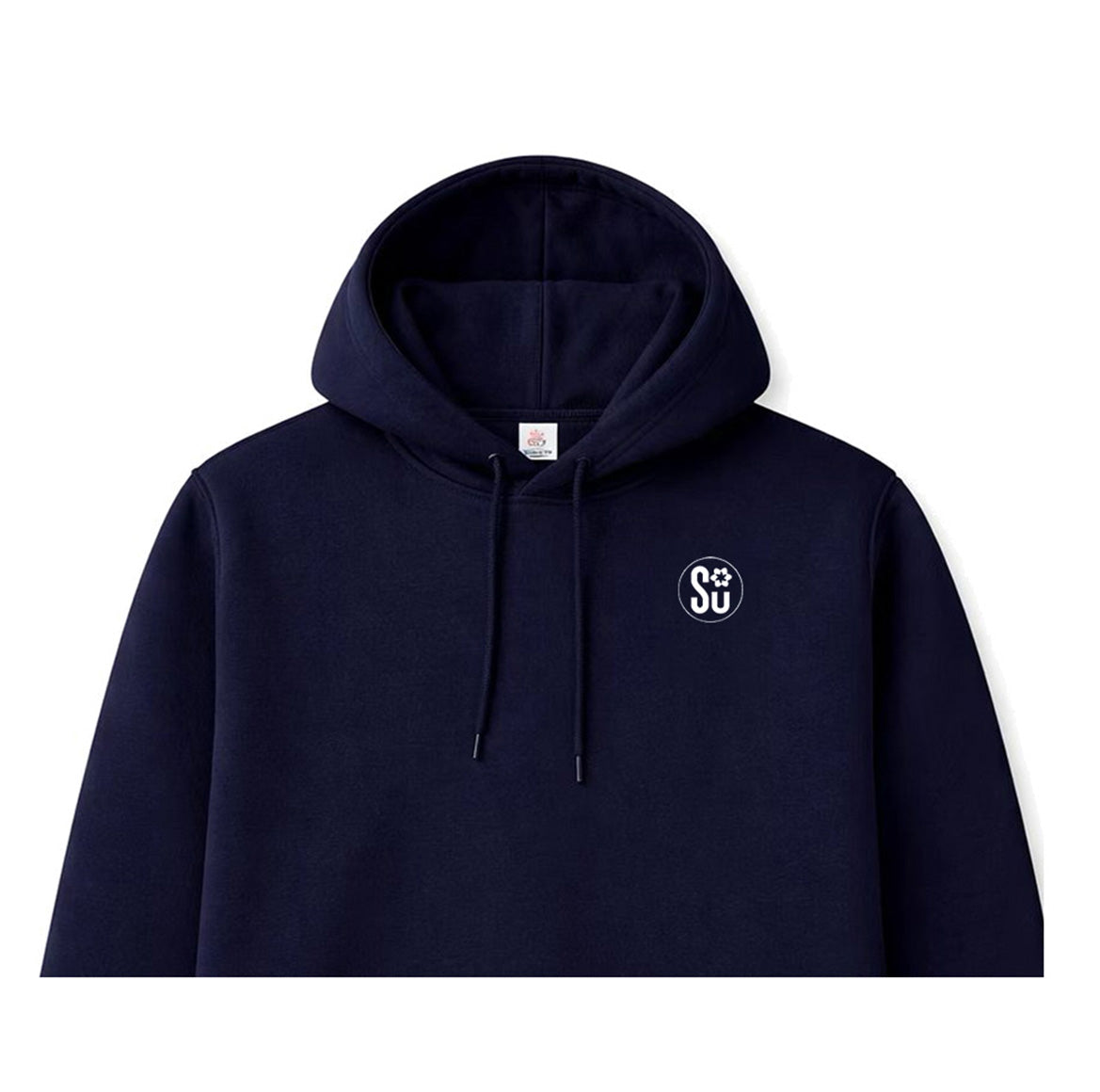 The Southern Apparel CORE Hoodie is navy blue with a drawstring hood and a small white circular SU logo with a flower on the left chest, designed for durability and lasting wear.