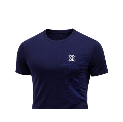The SIGNATURE Tee by Southern Apparel is a navy blue, modern-fit short-sleeve shirt featuring a subtle dark dragon graphic on the front and a white SU paw logo on the left chest—perfect for everyday style.