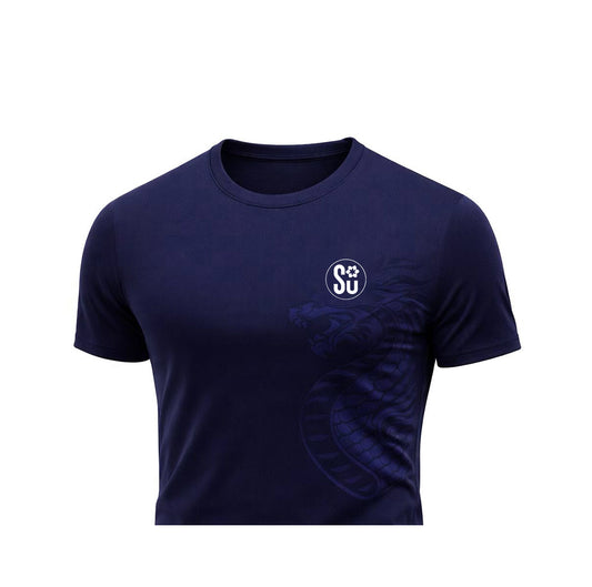 The SIGNATURE Tee by Southern Apparel is a navy blue, modern-fit short-sleeve shirt featuring a subtle dark dragon graphic on the front and a white SU paw logo on the left chest—perfect for everyday style.