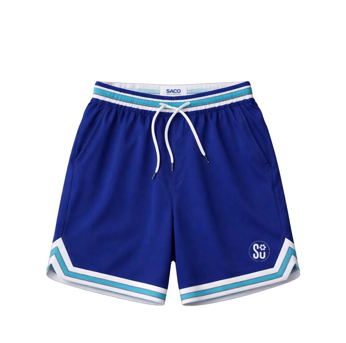 The Southern Apparel GYM Casual Short features a blue color with white and light blue striped trim, a white drawstring waist, and a small “SU” logo on the lower left leg. These relaxed-fit shorts are shown laid flat on a white background.