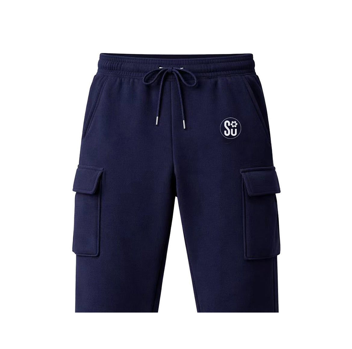 The Southern Apparel Heritage Pant is a navy blue cargo sweatpant with a relaxed fit, elastic drawstring waist, flap side pockets, and a white SU paw print logo on the left hip—ideal for athletic wear.
