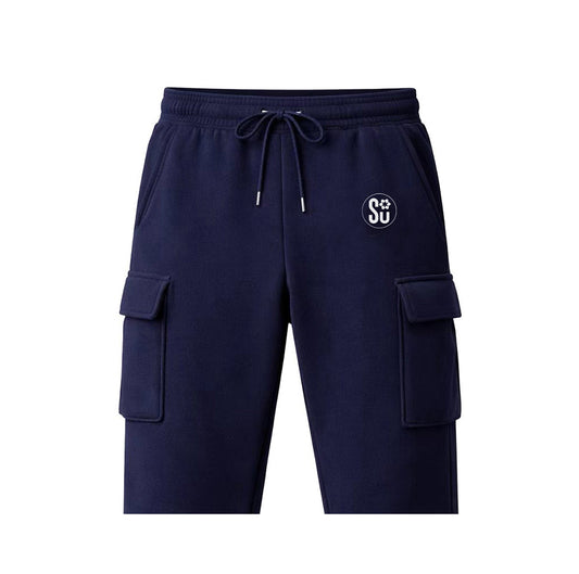 The Southern Apparel Heritage Pant is a navy blue cargo sweatpant with a relaxed fit, elastic drawstring waist, flap side pockets, and a white SU paw print logo on the left hip—ideal for athletic wear.