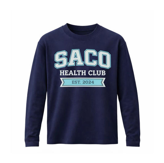 The HERITAGE Long Sleeve Tee by Southern Apparel is a navy blue sweatshirt made from premium fabric, featuring "SACO HEALTH CLUB EST. 2024" in bold light blue and white on the front. Ideal for comfortable everyday teamwear.