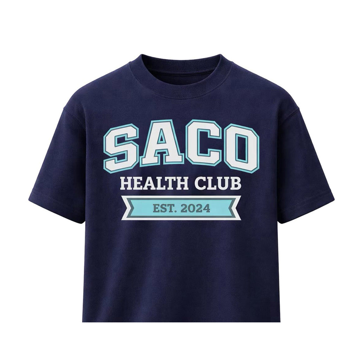 The HERITAGE Short Sleeve Tee by Southern Apparel is a navy blue premium shirt featuring "SACO HEALTH CLUB EST. 2024" in bold white and light blue on the front, crafted from high-quality fabric for comfort—perfect for teamwear or everyday style.