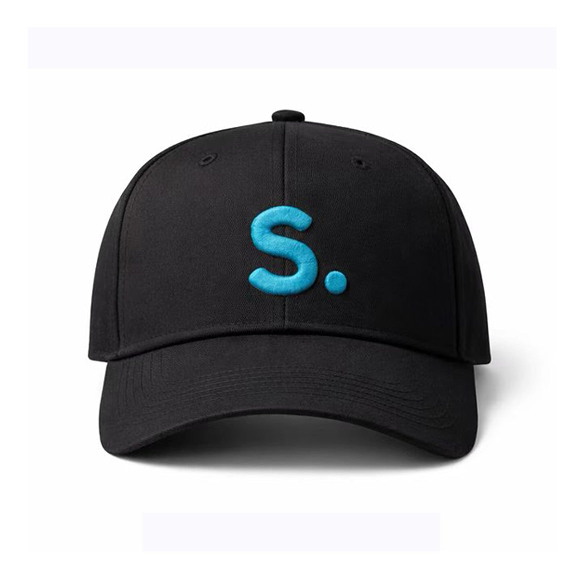 The ICON Cap by Southern Apparel is a premium black structured cap with a modern profile, featuring a bright blue embroidered S. on the front, displayed against a plain white background.