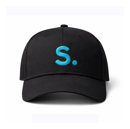 The ICON Cap by Southern Apparel is a premium black structured cap with a modern profile, featuring a bright blue embroidered S. on the front, displayed against a plain white background.