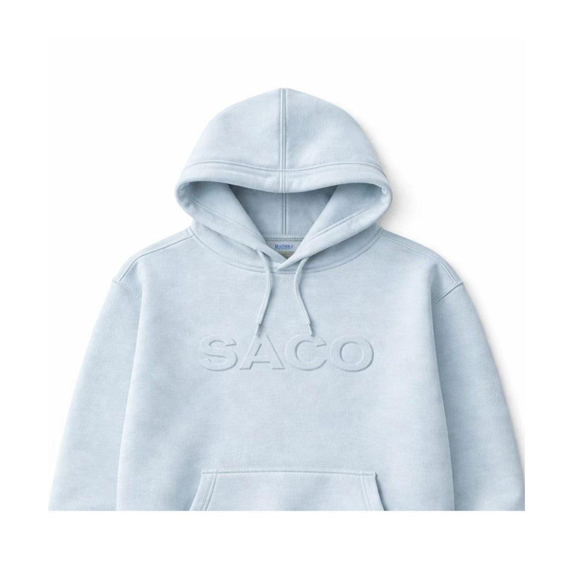 The Southern Apparel PLUSH Hoodie is a light blue premium heavyweight hoodie featuring a plush interior, front pocket, and SACO embossed on the chest, shown laid flat against a white background.
