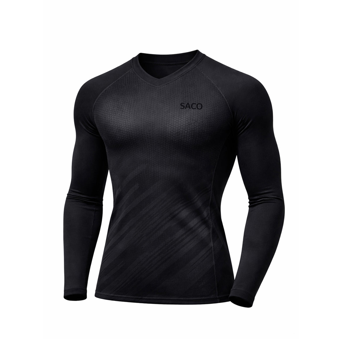 The Southern Apparel RUN Elite Skin is a fitted, long-sleeve black performance knit shirt with a V-neck, subtle diagonal patterns, and "SACO" on the left chest, shown against a white background.