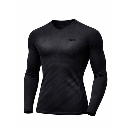 The Southern Apparel RUN Elite Skin is a fitted, long-sleeve black performance knit shirt with a V-neck, subtle diagonal patterns, and "SACO" on the left chest, shown against a white background.
