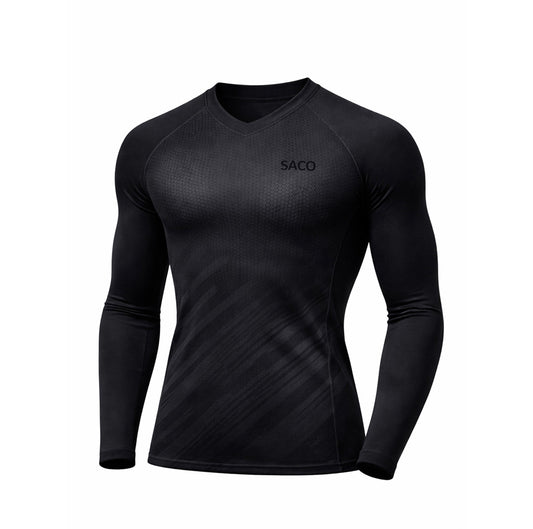 The Southern Apparel RUN Elite Skin is a fitted, long-sleeve black performance knit shirt with a V-neck, subtle diagonal patterns, and "SACO" on the left chest, shown against a white background.