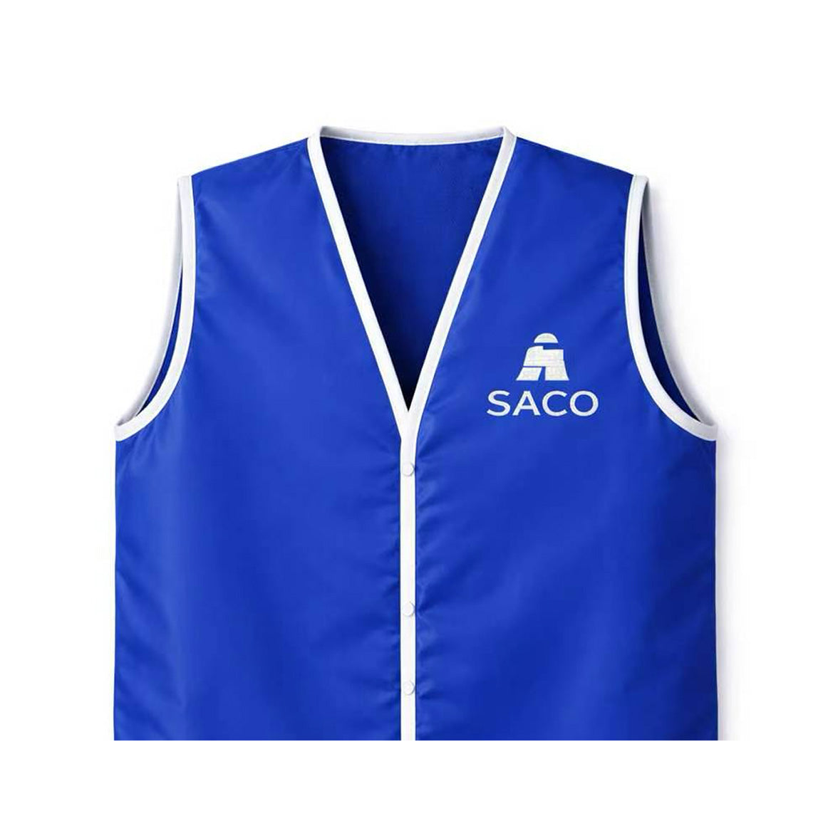 The Southern GATEWAY Barrier Jacket by Southern Apparel is a blue sleeveless jacket with white trim and buttons, featuring the SACO logo and text on the upper left chest—perfect for standing out on race day.