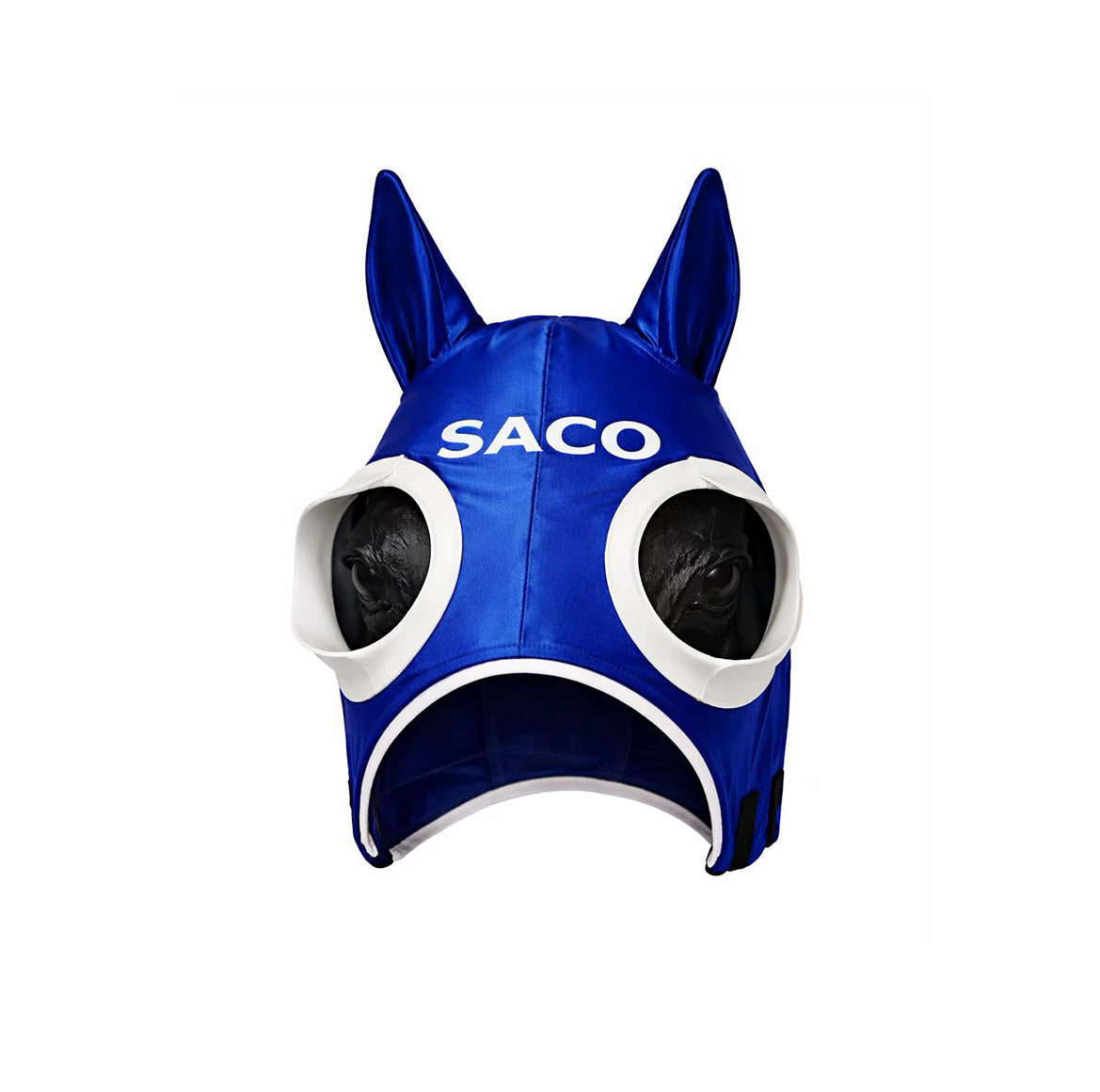 The Southern FOCUS Binkers by Southern Apparel is a blue helmet shaped like an animal, with upright ears, large round white eye openings, and "SACO" on the front. Made from lightweight performance materials.