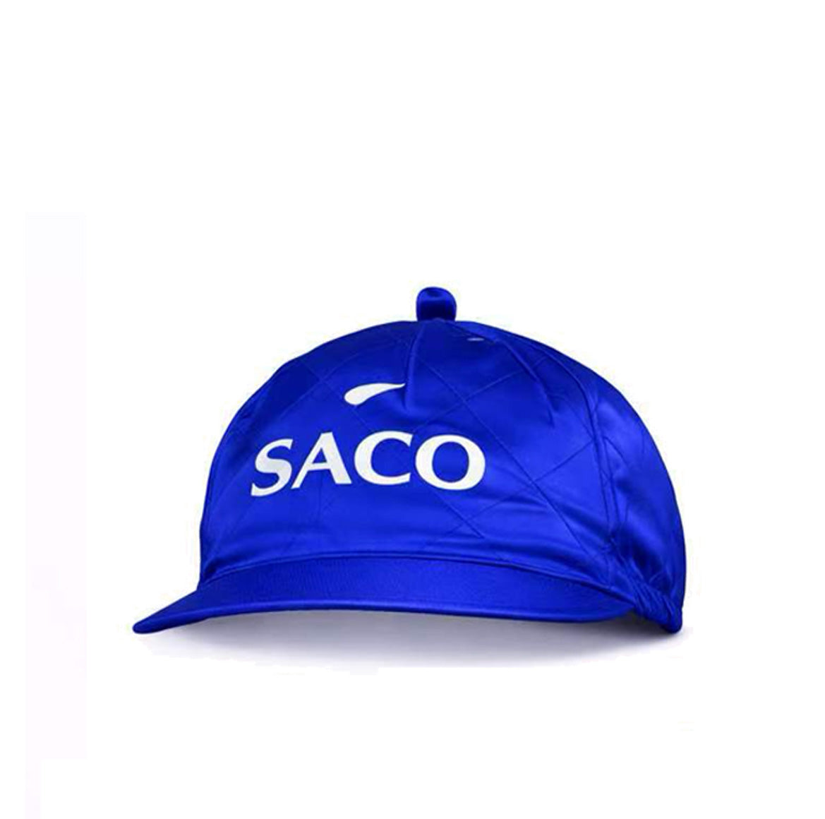 The Southern Apparel TRACKCORE Cap is a blue race-day hat with a small top loop, white “SACO” text, and a curved graphic on the front. Made from performance fabric, it’s perfect for racing. The product is displayed on a plain white background.