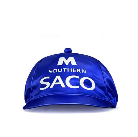 A shiny blue Southern THOROUGHBRED ELITE Cap by Southern Apparel, featuring a small top button and a large white “M” above “SOUTHERN SACO” in bold on the front, is displayed on a plain white background.