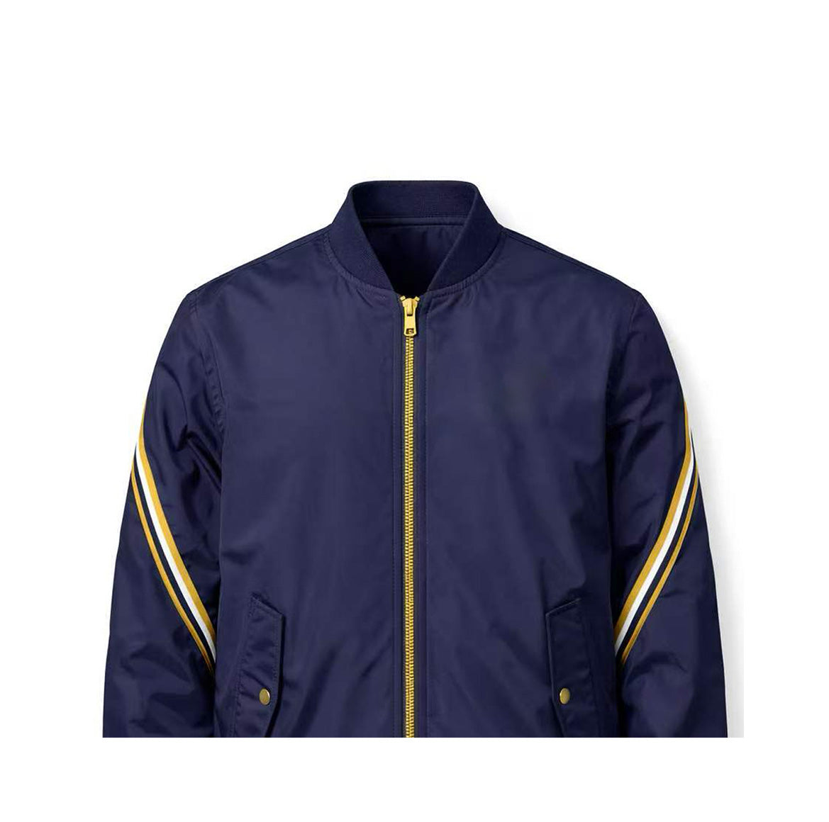 The Southern Apparel Southern GRANDSTAND Jacket features a navy blue design with a yellow zipper and yellow and white sleeve stripes, shown against a white background.