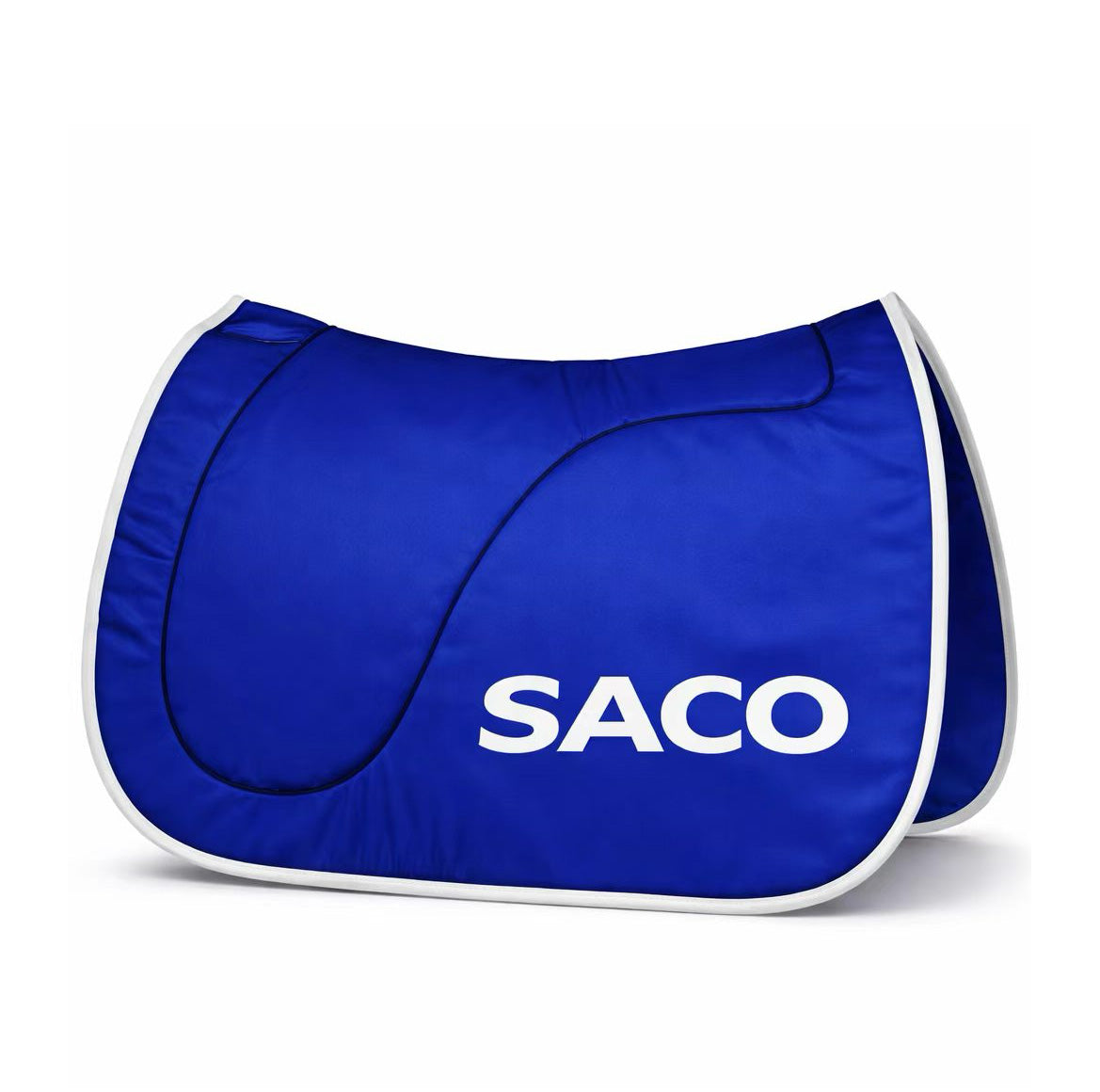The Southern RACELINE Saddle Cloth by Southern Apparel is a royal blue saddle pad with white trim and "SACO" in bold white letters, made from performance canvas to boost race-day visibility.