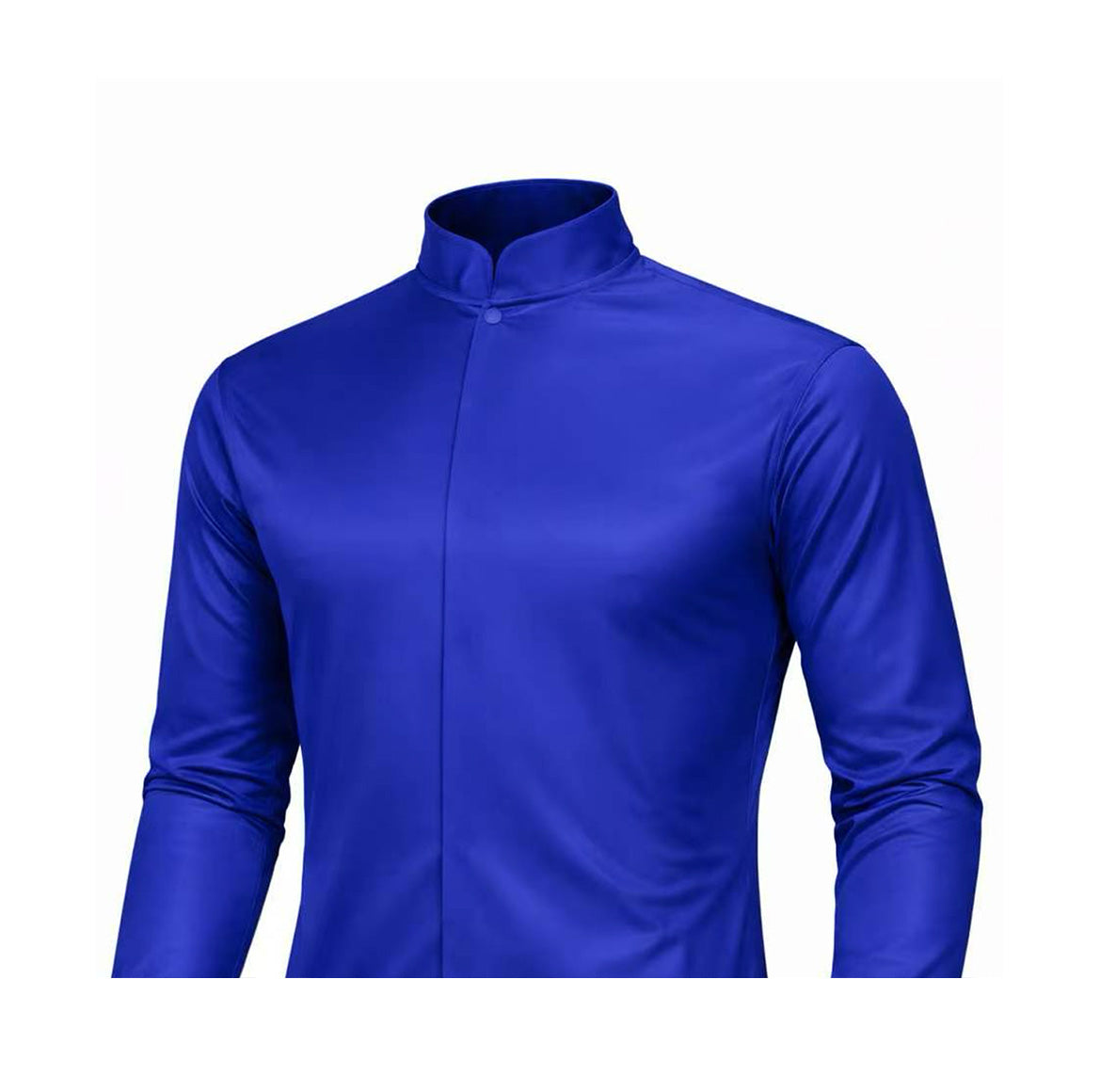The Southern Apparel Southern TRACKCORE Skin Silk is a long-sleeved, royal blue performance shirt with a Mandarin collar and hidden button placket, inspired by race-day silks, shown on a white background.