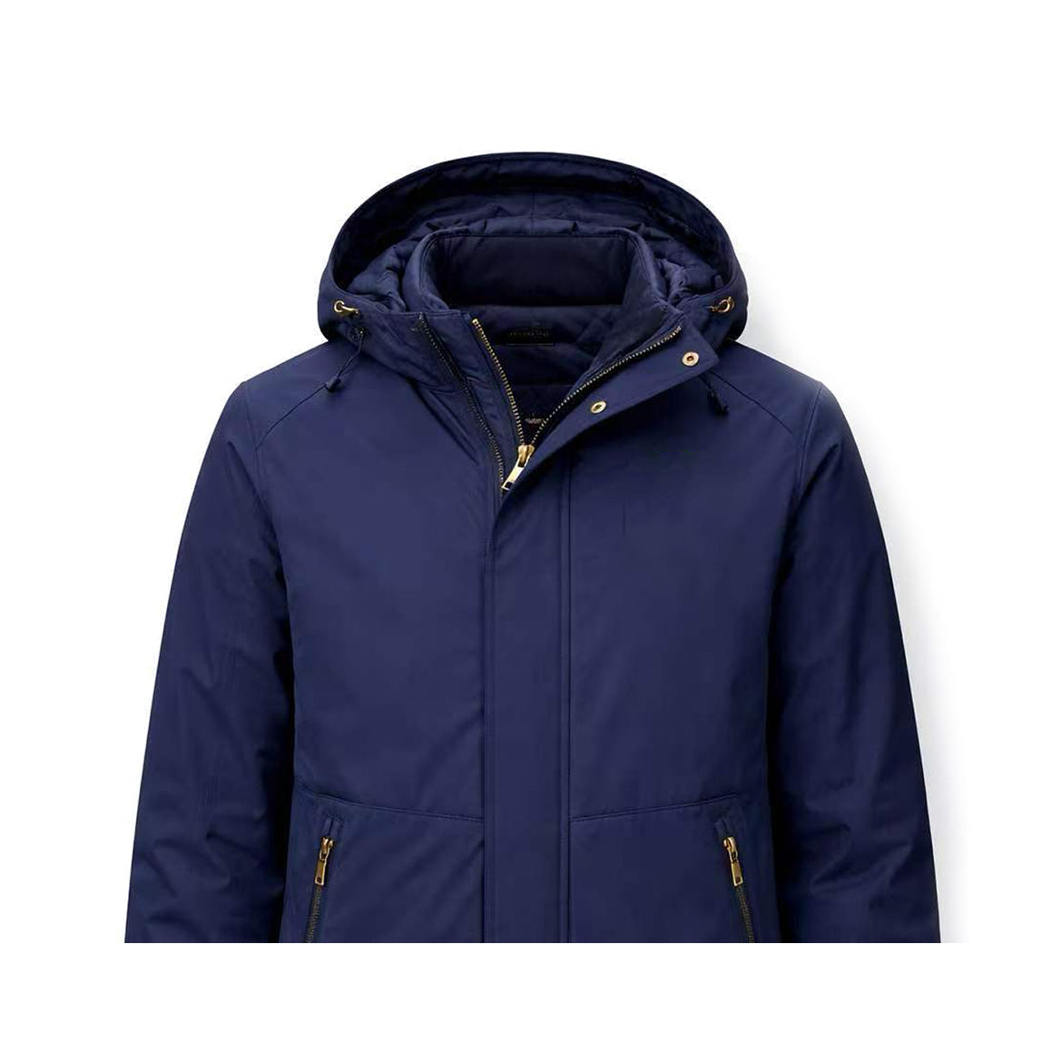 The Southern Apparel Southern HERITAGE Winter Coat, in navy blue insulated fabric, features a high collar, gold zippers and buttons, and two zippered pockets. Shown chest-up against a white background.
