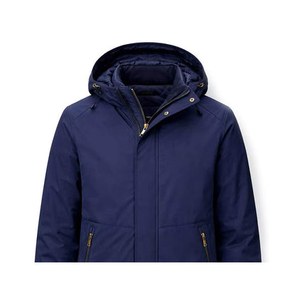 The Southern Apparel Southern HERITAGE Winter Coat, in navy blue insulated fabric, features a high collar, gold zippers and buttons, and two zippered pockets. Shown chest-up against a white background.