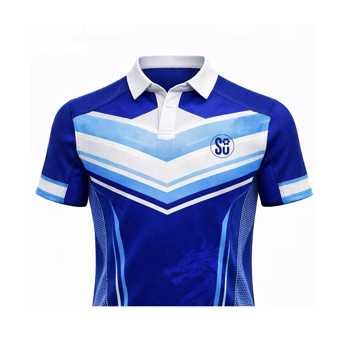 The Southern Apparel Southern TITAN ELITE Short Sleeve Jersey features a blue and white design with a white collar, chevron chest stripes, left chest logo, and a subtle dragon graphic. Coming Soon.