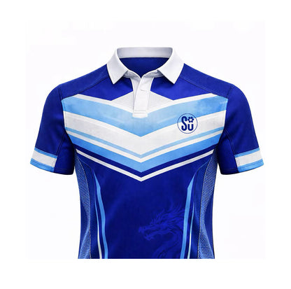 The Southern Apparel Southern TITAN ELITE Short Sleeve Jersey features a blue and white design with a white collar, chevron chest stripes, left chest logo, and a subtle dragon graphic. Coming Soon.