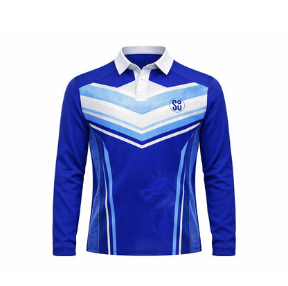 The Southern TITAN ELITE Long Sleeve Jersey by Southern Apparel features blue fabric with light blue and white chevron patterns, a white collar, an SU logo on the left chest, and a subtle dragon graphic—coming soon.