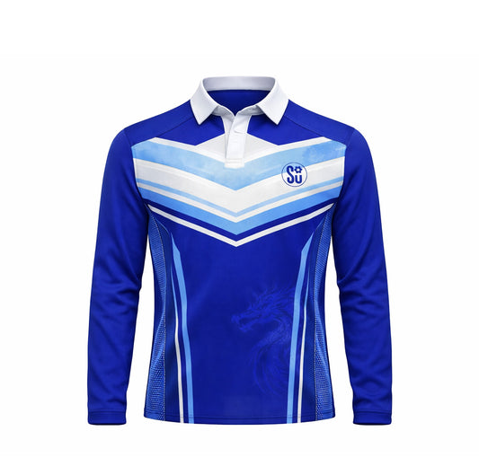 The Southern TITAN ELITE Long Sleeve Jersey by Southern Apparel features blue fabric with light blue and white chevron patterns, a white collar, an SU logo on the left chest, and a subtle dragon graphic—coming soon.