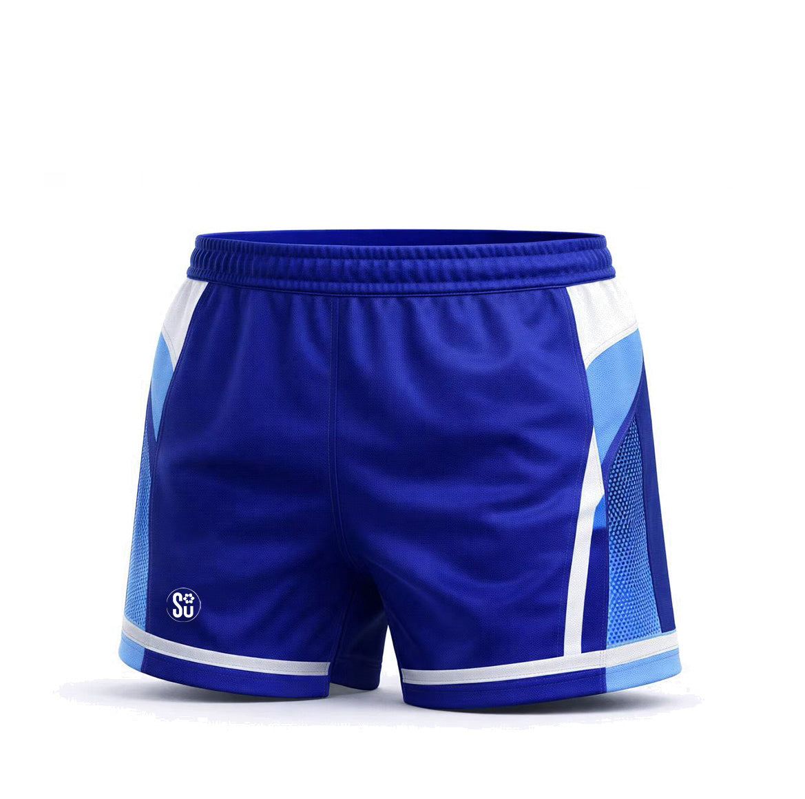 Southern Apparel’s Southern DRIVE Shorts in blue, with white and light blue side accents, an elastic waistband, and a small circular logo on the left leg. Coming Soon. Shown on a plain white background.