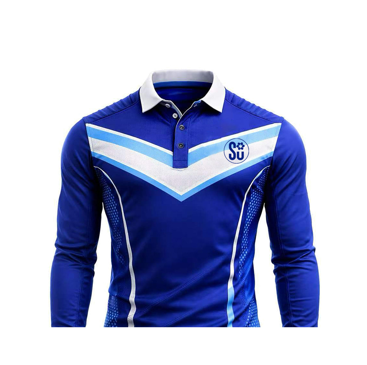 The Southern FOUNDATION Long Sleeve Jersey by Southern Apparel is a blue polo with white and light blue chevrons, a white collar, SU logo on the chest, and textured shoulder and side details. Coming soon!.