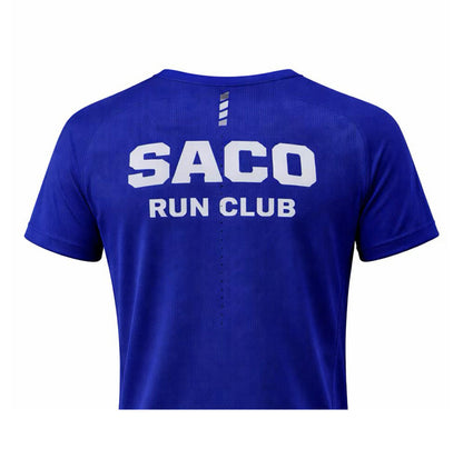The RUN Lite Tee - Short Sleeve by Southern Apparel is a royal blue, lightweight running shirt shown from the back with "SACO RUN CLUB" printed in bold white letters across the shoulders and upper back.