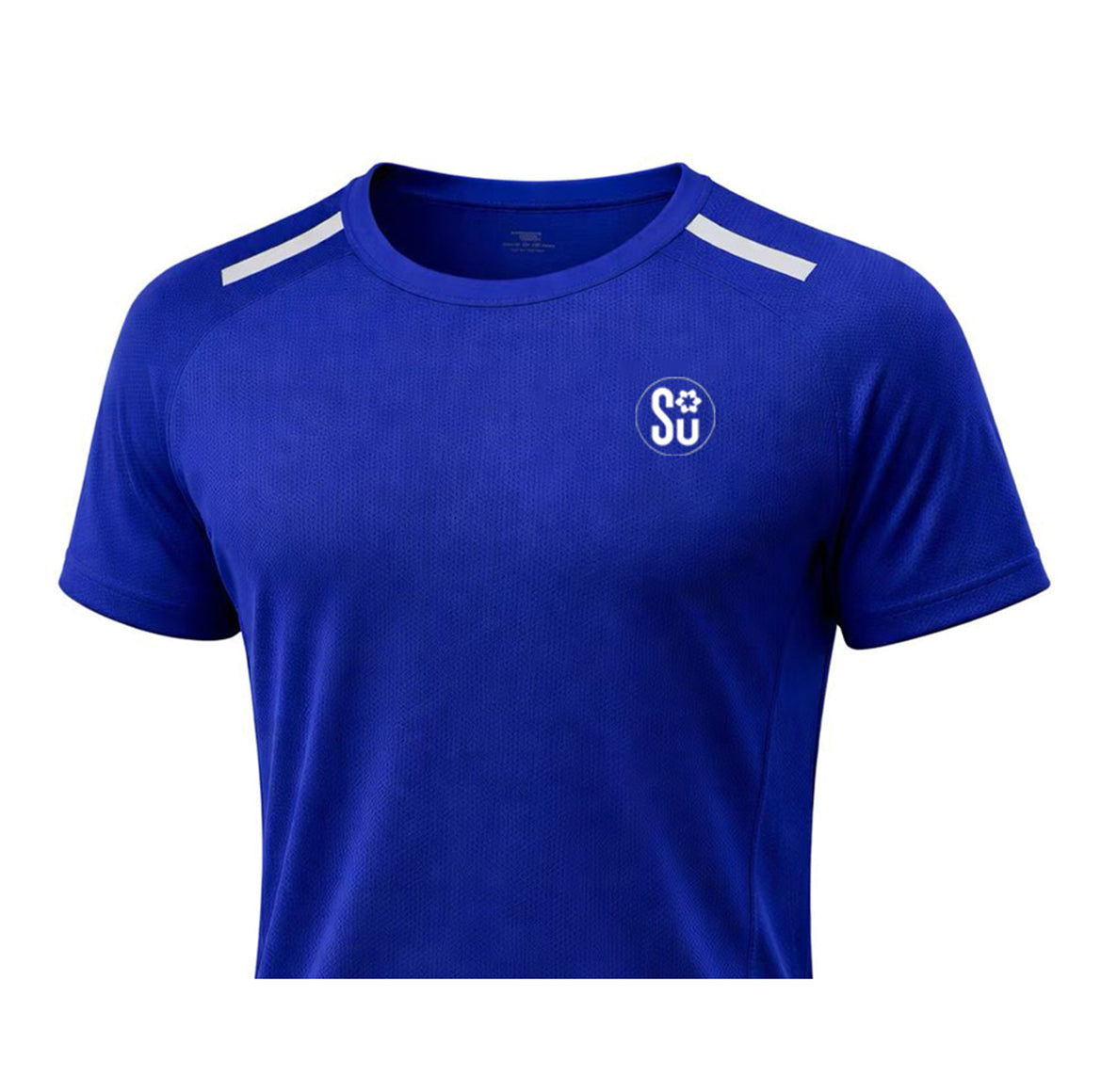 The RUN Lite Tee - Short Sleeve by Southern Apparel is a royal blue athletic shirt with white shoulder stripes and a small white SU emblem topped by a star on the left chest, shown on a white background.