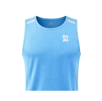 The Southern Apparel RUN Lite Sleeveless Tee is a light blue athletic shirt with white trim, made from ultra-light fabric for summer comfort. It features a white S♥U logo on the left chest and is photographed against a plain white background.