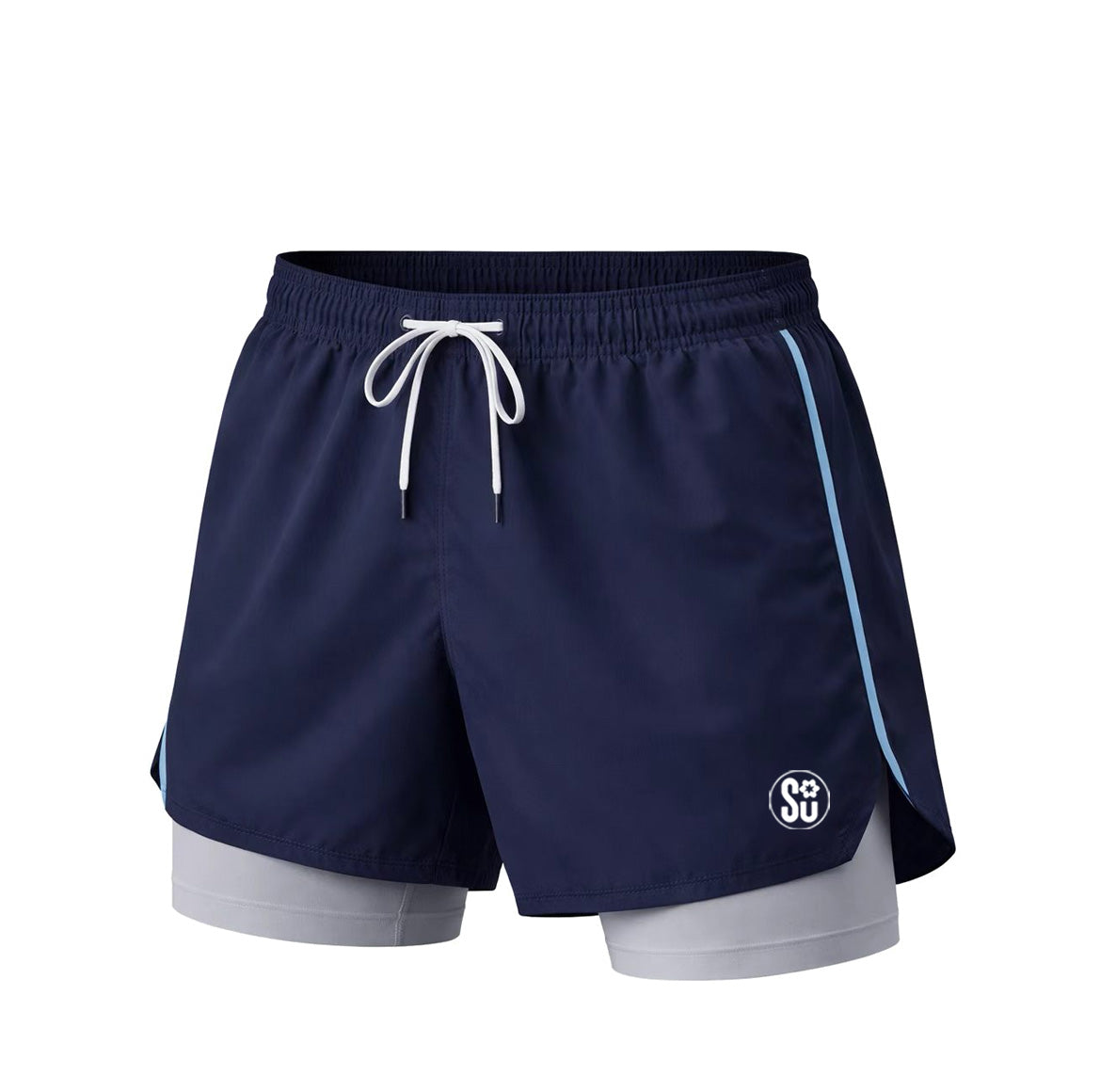 The RUN PRO Short by Southern Apparel features navy blue running shorts with a white drawstring, light blue side stripes, a white logo on the left leg, and built-in light gray compression shorts in lightweight performance fabric.