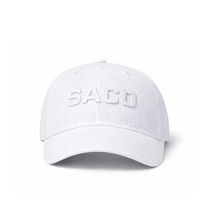 A white, breathable THE RUNNER Cap by Southern Apparel, crafted from recycled polyester and featuring 'SACO' embroidered in white on the front, shown against a plain white background.