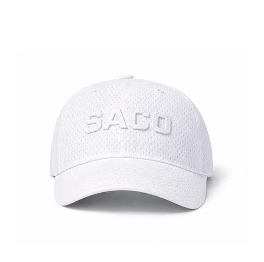 A white, breathable THE RUNNER Cap by Southern Apparel, crafted from recycled polyester and featuring 'SACO' embroidered in white on the front, shown against a plain white background.
