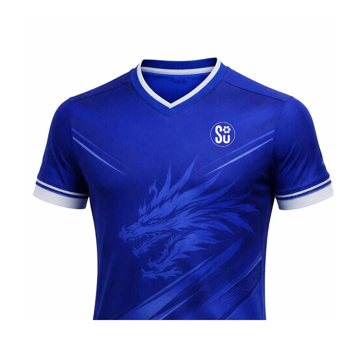 The Southern Apparel Southern SOCCER ELITE Short Sleeve Jersey features a blue design with white trim, a stylized dragon graphic, circular SU logo on the left chest, and lightweight fabric for top match day performance.