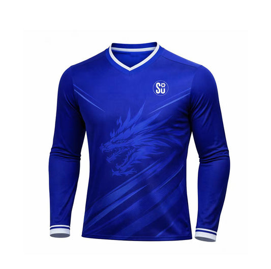 The Southern Apparel Southern SOCCER ELITE Long Sleeve Jersey is blue with white-trimmed collar and cuffs, featuring a dragon graphic and S*SU logo. Lightweight fabric makes it ideal for match day.