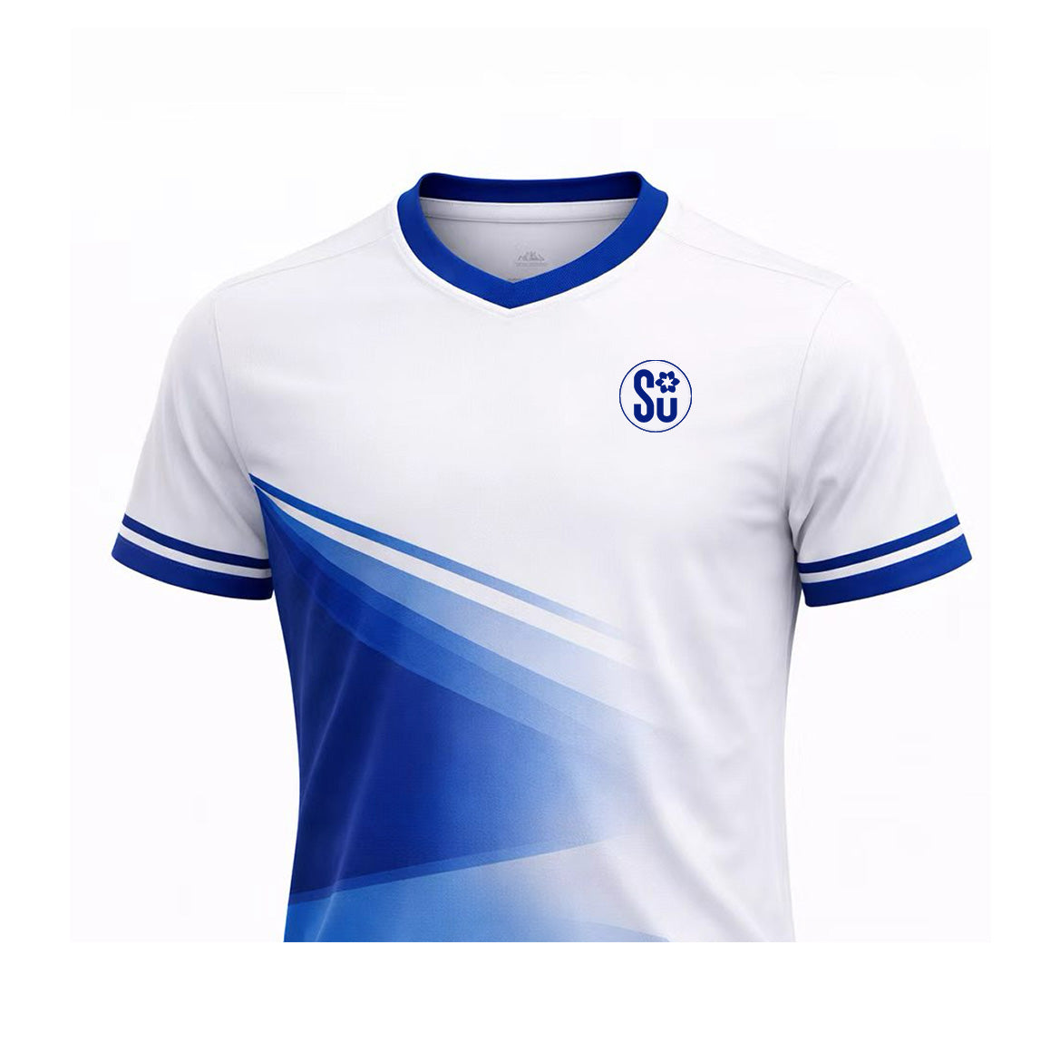 The Southern SOCCER PERFORMANCE Short Sleeve Jersey by Southern Apparel features a white design with blue sleeve stripes, a blue V-neck collar, geometric patterns, lightweight fabric, and an SÜ logo with soccer ball on the left chest.