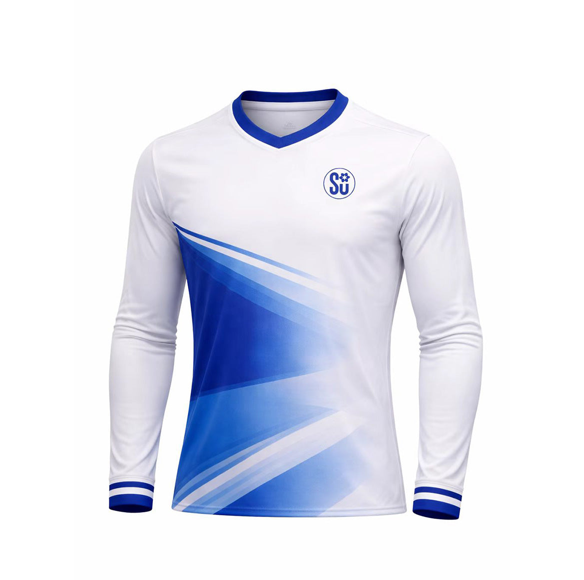 The Southern Apparel Southern SOCCER PERFORMANCE Long Sleeve Jersey features blue gradient geometric patterns, a blue V-neck collar, blue-striped cuffs, and a circular “S&U” logo. Made from lightweight fabric for field comfort and durability.