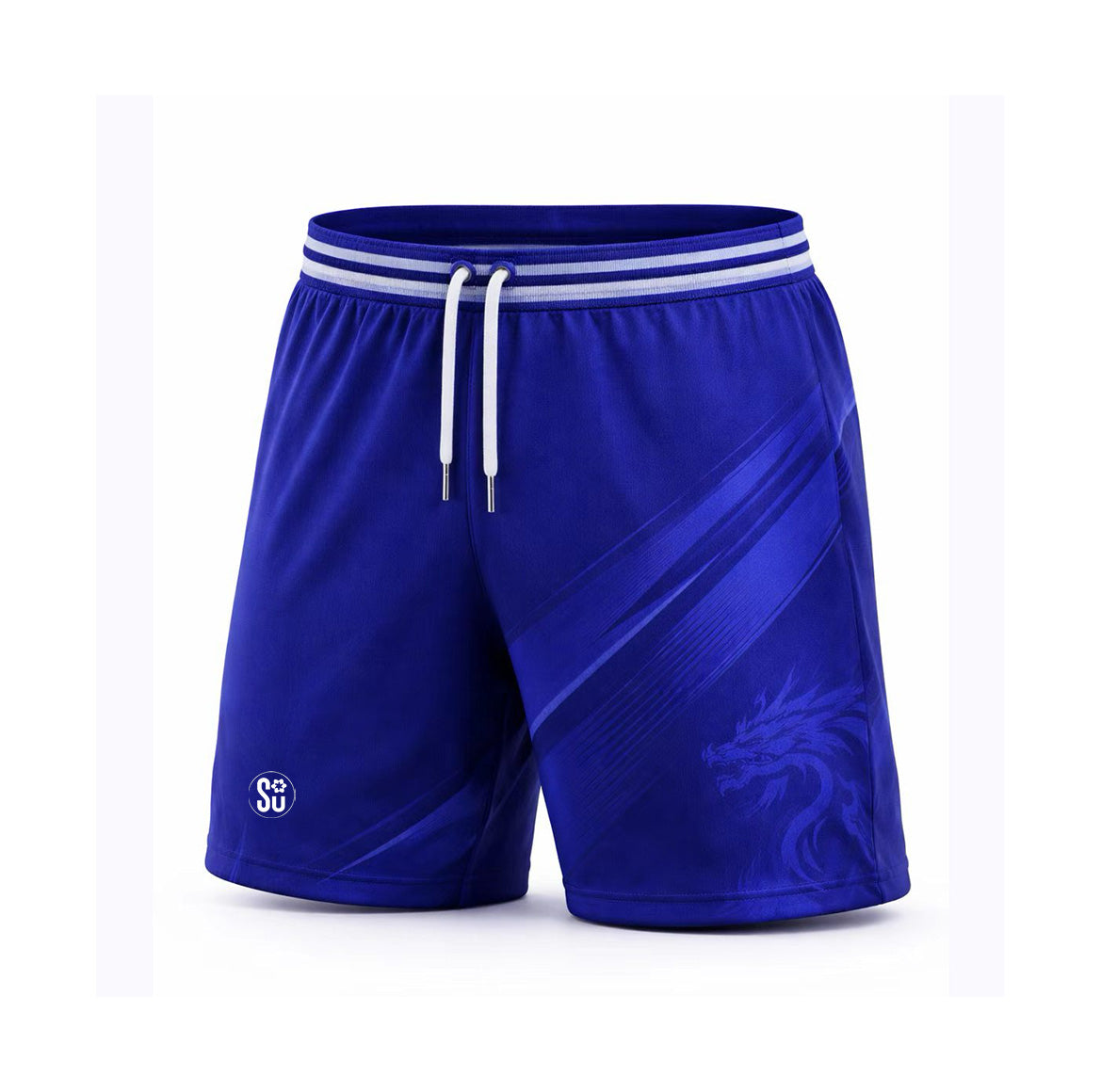 Southern SOCCER PERFORMANCE Shorts by Southern Apparel in blue, with white drawstrings, a striped waistband, a subtle dragon graphic on one leg, and a circular logo on the other. Moisture-wicking and shown against a plain white background.