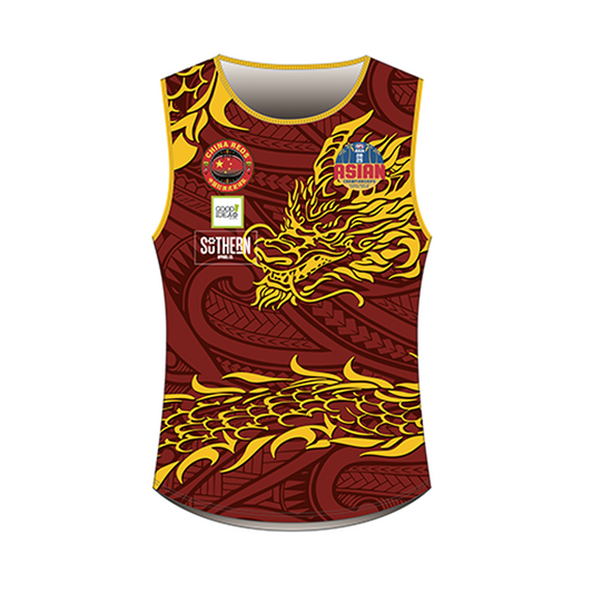 The 2026 Team China AFL Guernsey by Southern Apparel is a sleeveless maroon sports jersey showcasing a bold yellow dragon graphic, multiple sponsor logos across the upper chest, and detailed background patterns. This official team guernsey is crafted from high-quality performance fabric, ensuring comfort both on and off the field, and stands out as a top choice for fans of China AFL.