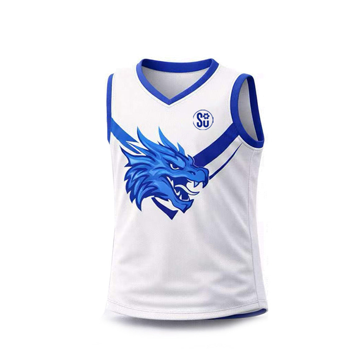 The Southern Apparel Southern JUNIOR PERFORMANCE Jersey (Double Layer) is a white, sleeveless kids’ sports jersey with blue trim, a bold blue dragon graphic on the front, and a small SU logo—lightweight, durable, and ideal for young athletes.