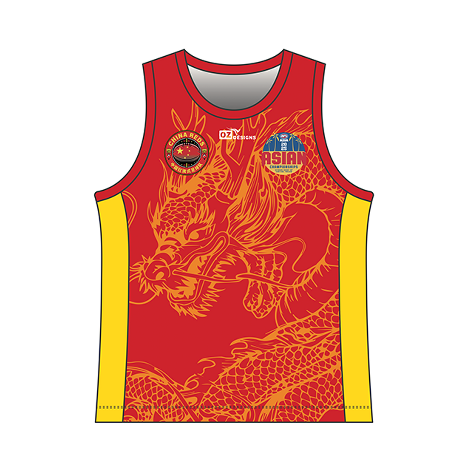 Red sleeveless 2026 TEAM CHINA Training Singlet by Southern Apparel, featuring yellow side panels, crafted from lightweight performance fabric. Showcases an intricate yellow dragon graphic, a circular logo on the left chest, and an ASIAN logo with a dragon boat on the right chest. Inspired by the China Reds Training Singlet and perfect for displaying your team spirit at the AFL Asian Championships.