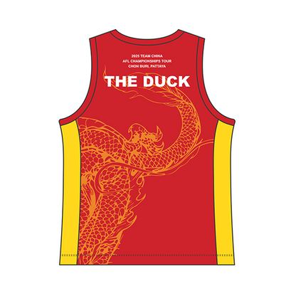 Red and yellow 2026 TEAM CHINA Training Singlet by Southern Apparel, crafted from lightweight performance fabric and featuring a striking dragon illustration, with THE DUCK boldly printed on the back. Text above reads 2026 Team China AFL Championships Tour Chon Buri, Pattaya. Perfect for training or as official teamwear for the AFL Asian Championships.